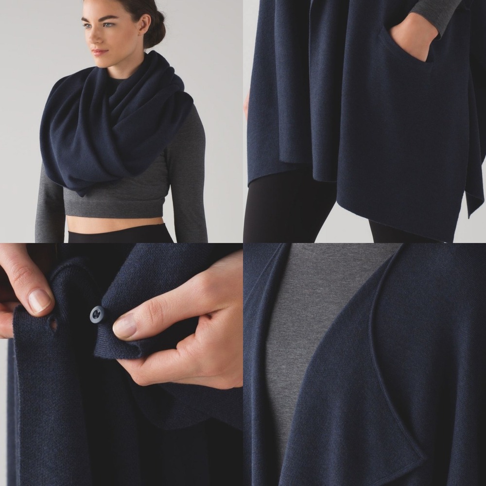 Lululemon After Asana Wrap Navy Blue Cashmere Blend Knit Sweater Scarf One Size